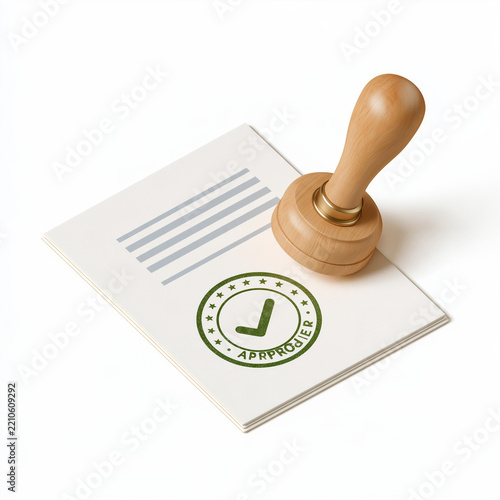 Approval Stamp on Document: A wooden rubber stamp with an APPROVED seal and a green checkmark is placed on a document, signifying official acceptance and validation.