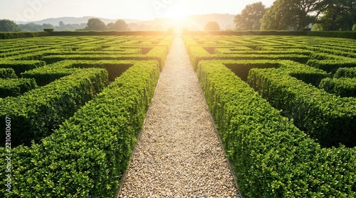Green hedge maze featuring a geometric garden layout with a clear path toward progress.