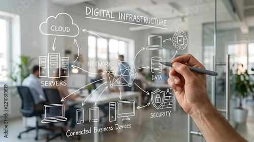 Professional drawing a digital infrastructure diagram on a glass office wall.