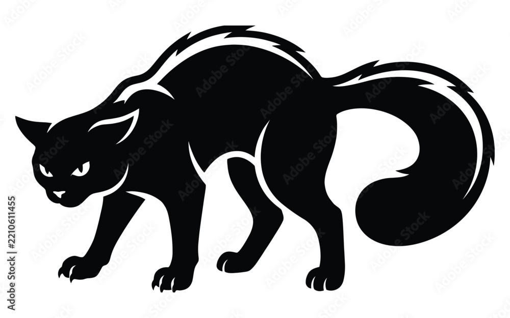 Fototapeta premium Black cat silhouette with arched back in a defensive posture isolated on white background
