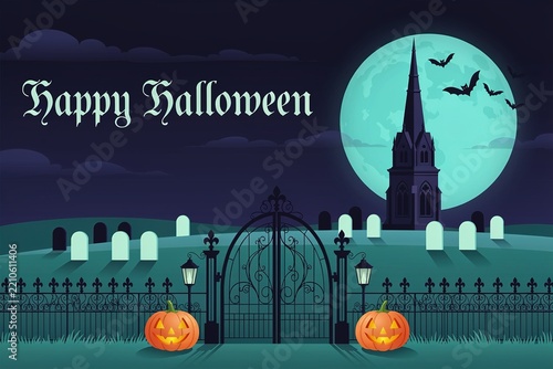 Happy halloween spooky graveyard scene with pumpkins