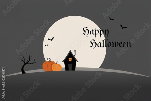 Happy halloween illustration with pumpkins and witch house