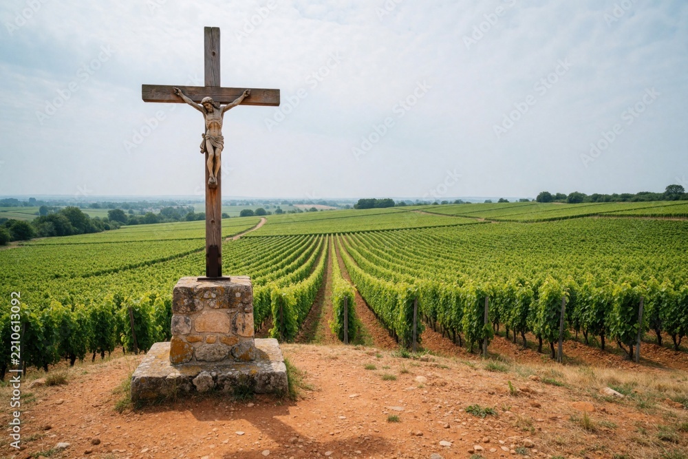 Obraz premium Large wooden crucifix on stone pedestal stands in rural landscape. Christian cross overlooks vast green vineyard with rows of grapevines under cloudy sky. Religious monument overlooks agriculture