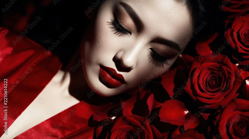 Fototapeta premium Close up of beautiful young woman with red lipstick, dark hair. Glamour lady lies among red roses. Noir style portrait features dramatic lighting, elegant makeup, silk red dress. Sensual female face