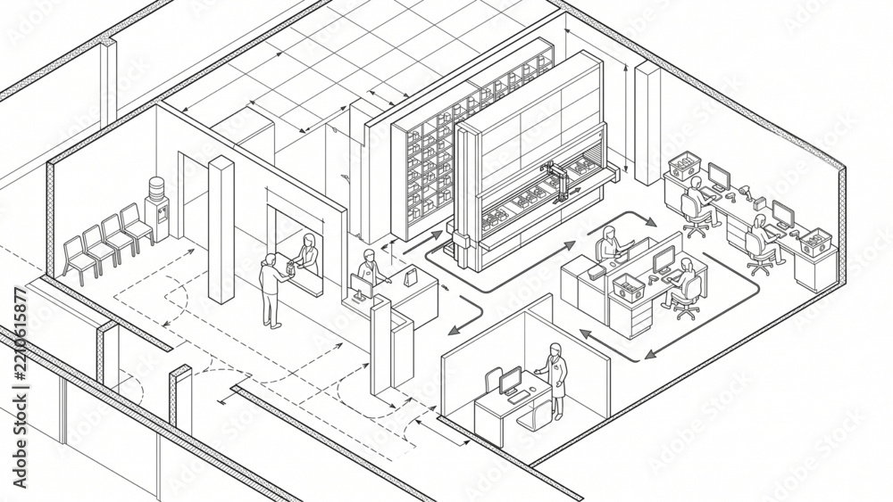 Fototapeta premium Isometric Hospital Pharmacy Workflow with Automated Medication Storage CAD Blueprint Vector