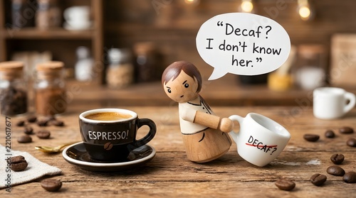 Wooden figurine with speech bubble humorously referencing coffee and decaf