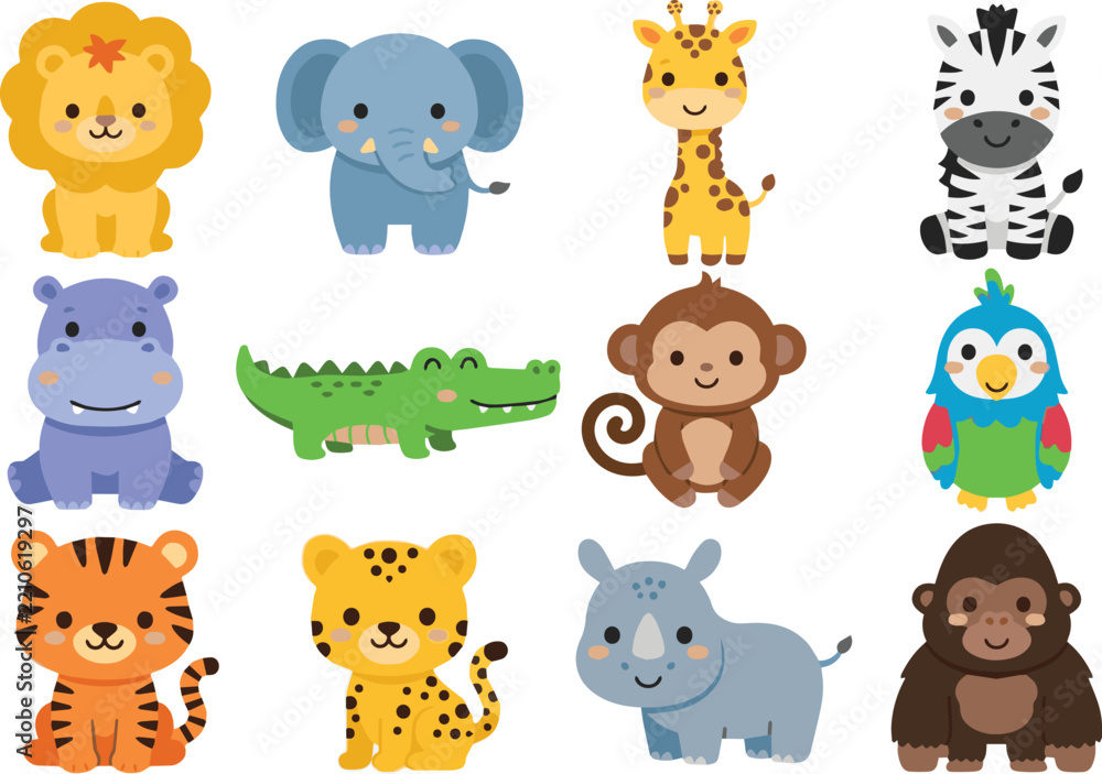 Obraz premium Cute Safari Animals Set - Lion Elephant Giraffe Zebra Collection