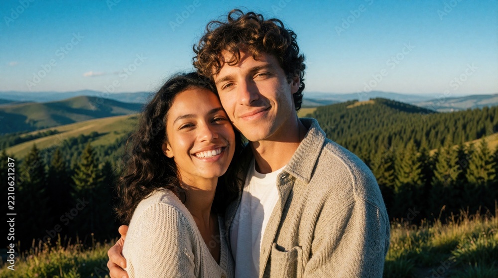 Obraz premium Happy young couple hugs at mountain overlook. Smiling man, woman embrace in nature. Beautiful landscape with green forest, hills under blue sky. Romantic lovers enjoy summer vacation, scenic view on