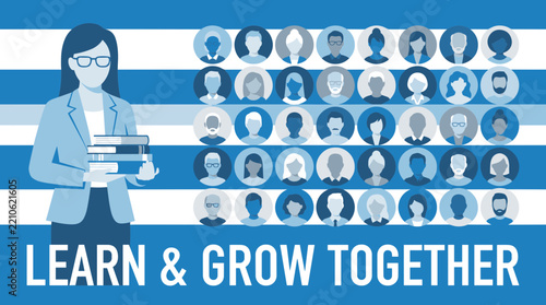 Professional female educator holding books with diverse student icons and learn and grow together text on blue background