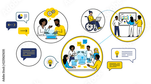Diverse team of professionals collaborating on digital projects including inclusive workplace with wheelchair accessibility and remote teamwork.