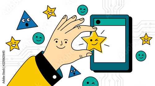 Cartoon hand placing a smiling star emoji on a smartphone screen surrounded by colorful geometric shapes