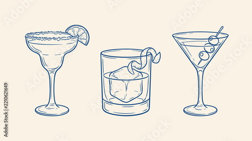 Hand drawn set of classic cocktails including margarita martini and old fashioned in blue line art style