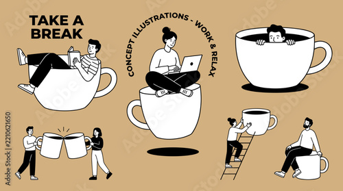 Minimalist illustration set showing people relaxing and working with giant coffee cups for work life balance concepts