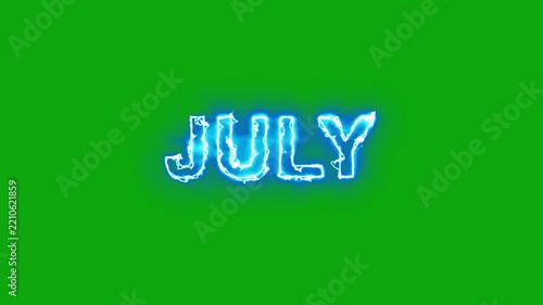 July Text with Blue Lightning Sparks Effect on Green Screen Background, Electric Typography Element for Summer Greetings, Seasonal Messages, Creative Compositions and Video Content