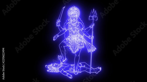 Goddess Kali Symbol with Glowing Blue Neon Light Path Effect on Plain Black Background, Spiritual Symbolism for Religious Designs, Festival Greetings and Creative Digital Content