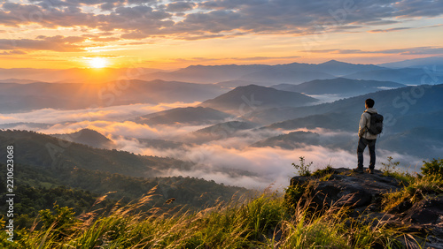 A stunning panoramic view from the mountaintop, a refreshing morning atmosphere, and crisp, clean air.