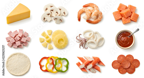 Pizza toppings such as cheese, crab sticks, mushrooms, pineapple, bell peppers, shrimp, squid, ham, salmon, pepperoni, and pizza sauce.