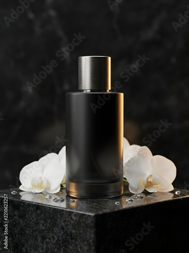 An elegant black glass bottle set against a backdrop of white orchids—perfect for beautiful product advertising.