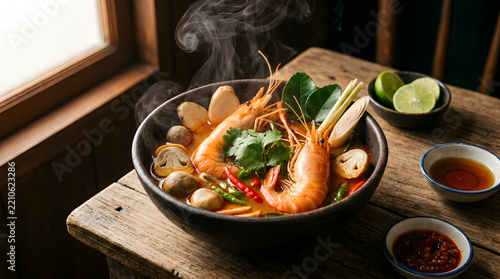 Tom Yum Goong is a famous Thai dish known for its well-rounded flavors.