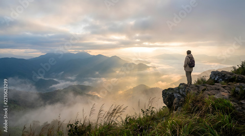 A stunning panoramic view from the mountaintop, a refreshing morning atmosphere, and crisp, clean air.