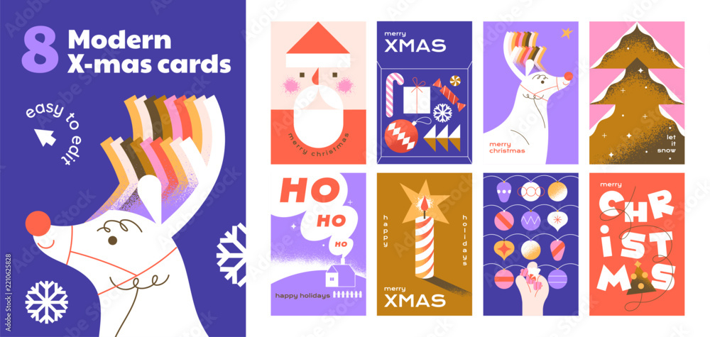 Obraz premium Modern Xmas cards set. Designs of Christmas greeting cards with characters in geometric style. Designs of postcards with geometric patterns. Modern paper gift for Xmas and New Year. Christmas greeting