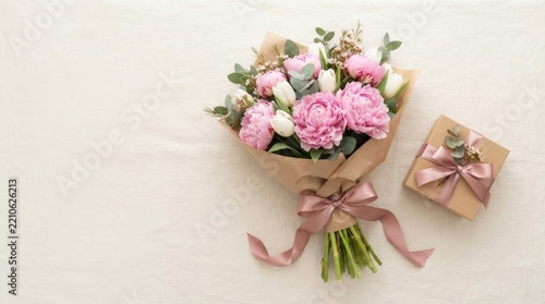 Pink carnation flower bouquet tied with ribbon and small kraft gift box on beige fabric background, top view for Mother's Day, birthday and greeting card