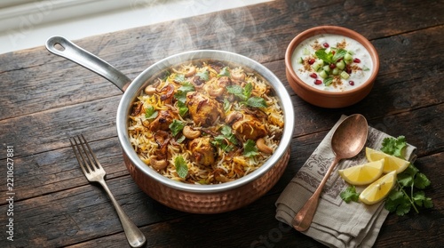Steaming Hot Chicken Biryani with Basmati Rice and Fresh Herbs in Copper Pan on Rustic Wooden Table, Traditional South Asian Cuisine