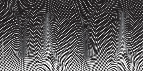 Dynamic wave halftone optical pattern with distorted dot grid abstract black and white geometric background.