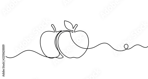 Two apples continuous one line art depicting a simple fruit design with editable stroke.