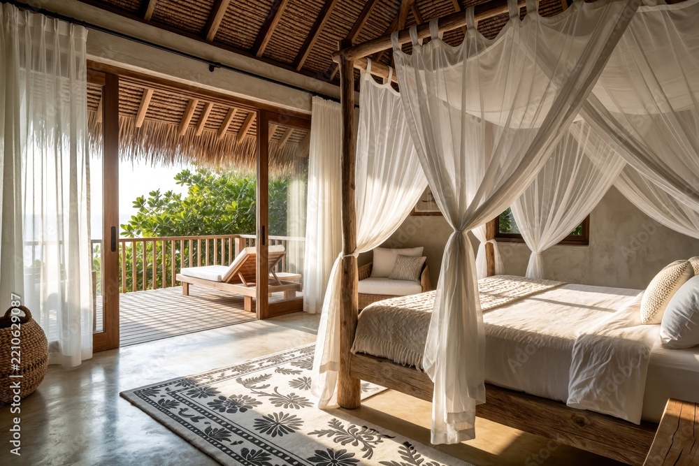 Fototapeta premium Luxury wooden bedroom interior in tropical beach villa. Rustic canopy bed with white curtains, comfy pillows. Glass sliding doors open to sunny balcony with lounge chair. Cozy summer vacation home