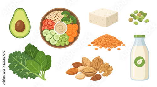 Nutritious and varied vegan food ingredients for a balanced plant-based diet and healthy lifestyle