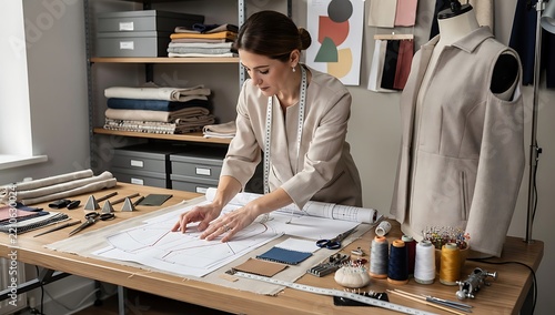 Professional fashion designer reviewing garment patterns at sewing