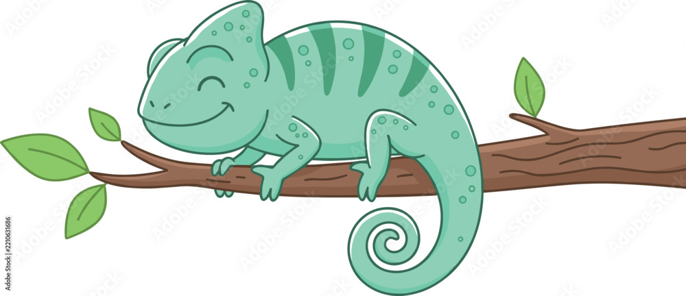 Fototapeta premium Cute Green Chameleon Lizard Character Sitting on Tree Branch Vector Illustration Isolated on White Background for Kids Book Nature and Wild Animal Graphic Designs