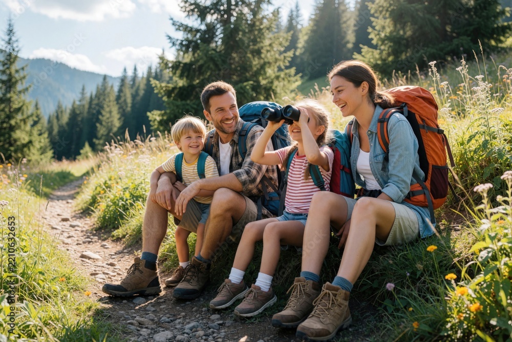 Obraz premium Happy family with small kids rests on mountain trail during summer hiking trip. Father, mother, son, daughter sit on grass by forest path. Girl uses binoculars to watch nature. Parents smile children