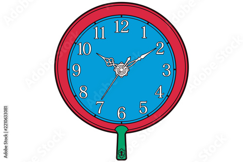 Vintage Red and Blue Wall Clock Vector Illustration with Ornate Filigree Hands and Hanging Bracket Keyhole
