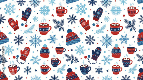 Winter Pattern with Snowflakes, Hot Chocolate Mugs, and Knitted Mittens and Hats