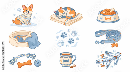Winter Pet Care Cozy Corgo, Sleeping Cat, and Essential Pet Supplies Illustration