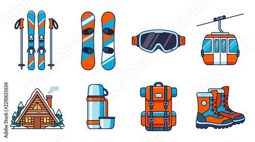 Winter sports equipment and cabin illustration, perfect for travel and leisure activities