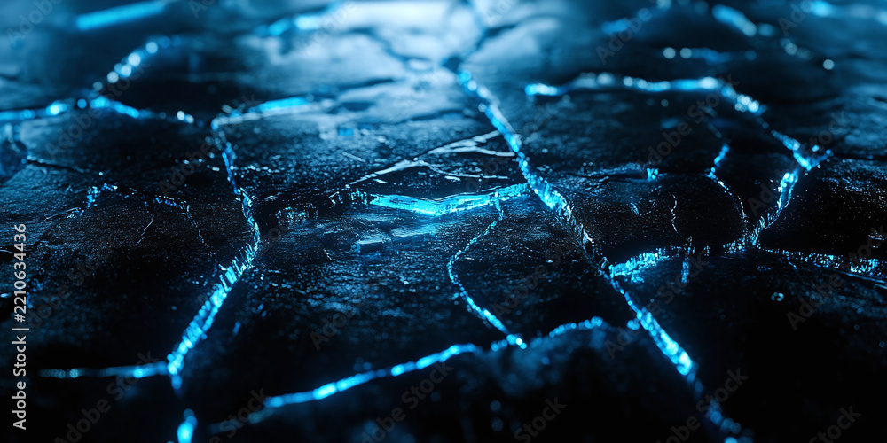 Fototapeta premium Abstract dark background texture featuring glowing blue cracks across a fractured surface, creating a futuristic cybernetic effect suitable for digital design, technology concepts, and high-tech theme
