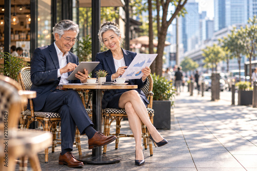 Senior professionals reviewing financial charts at an outdoor cafe