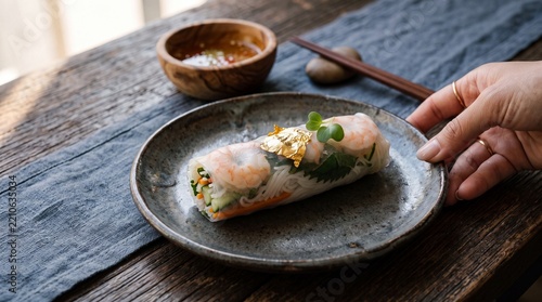 Premium Vietnamese Summer Roll with 24K Gold Leaf on Ceramic Plate, Fine Dining Plating