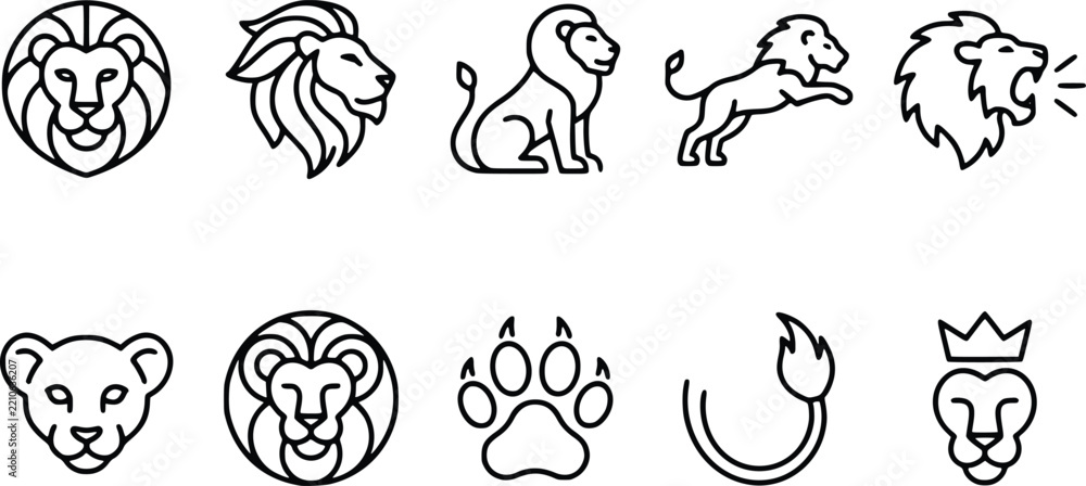 Fototapeta premium Lion head and body line icon set featuring powerful king of jungle in sitting leaping roaring positions with paw print and crowned lion face for logo design.