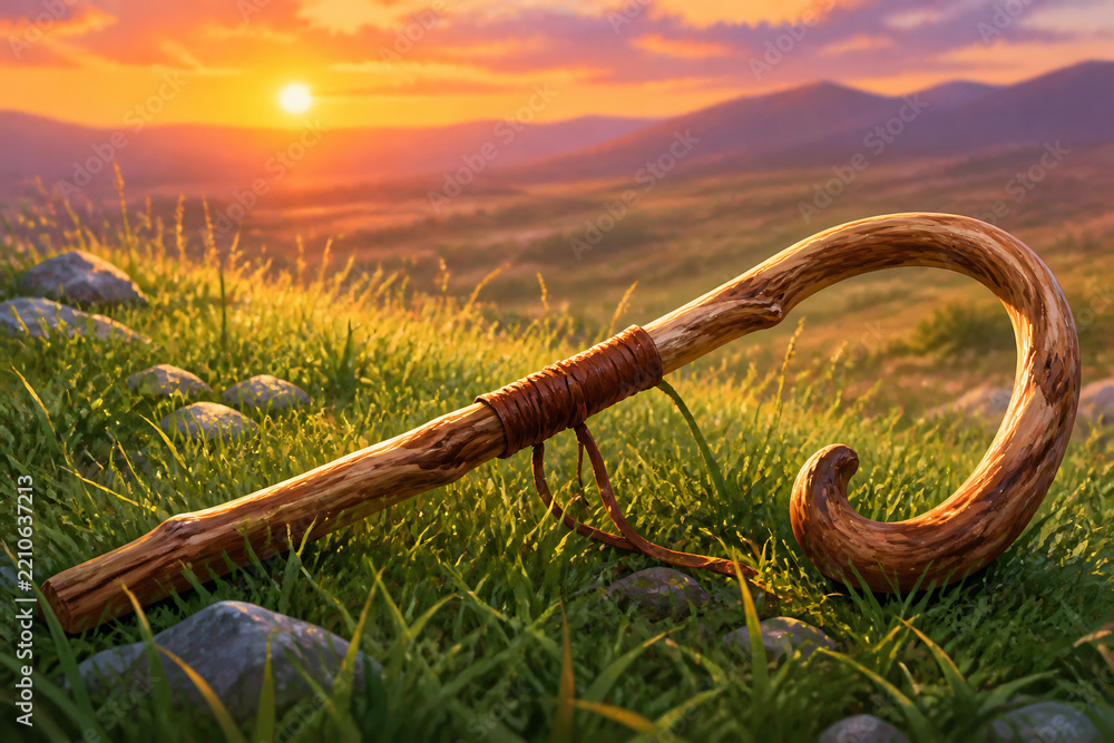 Obraz premium A rustic wooden staff with a curved handle rests on green grass during a vibrant sunset in a hilly landscape.