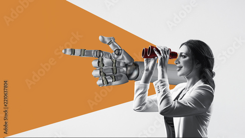  Signpost - a ai robot hand shows the business woman with binoculars where to look. Business analytics and strategic. Find a way.