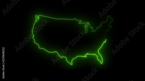 Neon green glowing outline map of the united states of america on black background