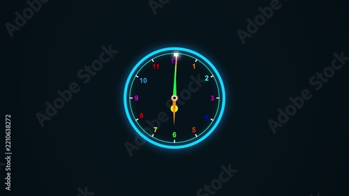 Neon digital clock face animation with rotating hands and colorful numbers on dark background, time