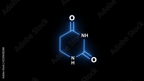 Glowing neon uracil chemical structure animation on black background, for science and, education molecule
