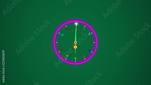 Colorful animated wall clock with moving hands on green background, for time management, and education