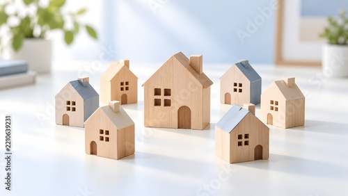 Collection of small wooden toy houses sitting on a bright white table representing real estate or neighborhood community