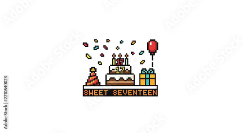 Pixel art birthday cake celebration.